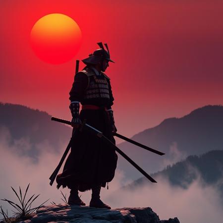 a samurai is standing on a mountain, the sun is red, super focus on male, the samurai is holding a sword in the right hand, , superrealistic