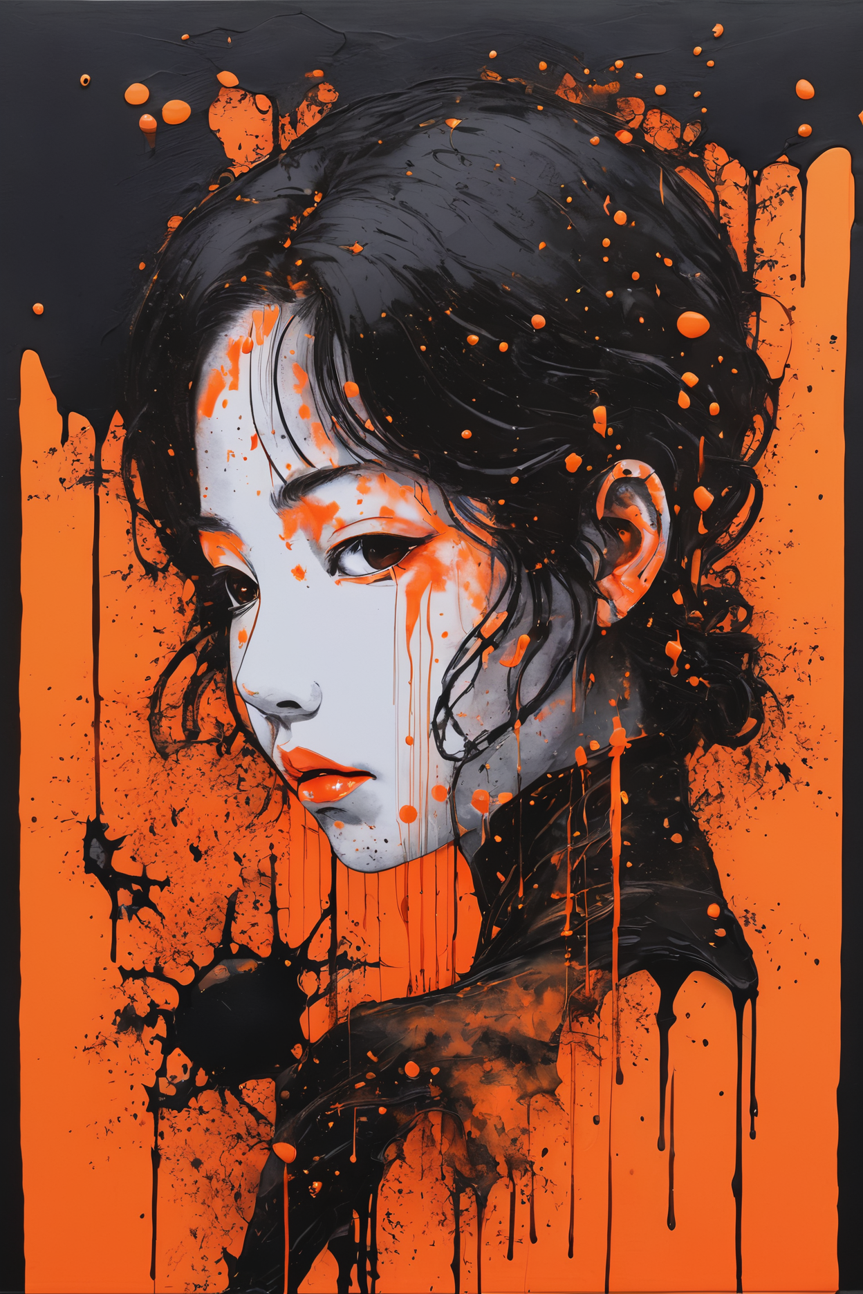 (art by Naoko Takeuchi:0.9) , Candid "What is love, baby don't hurt me, don't hurt me, no more.", Fine art, Confused, Vaporpunk, DayGlo orange hue, dark black paint splotches, Kintsugi
