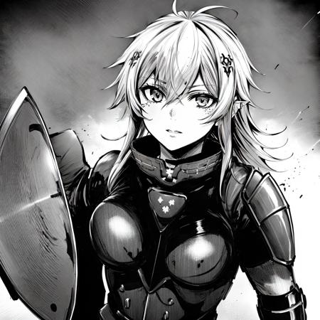 (dark, dark sky:1.1), monochrome, (best quality, highly detailed, best art:1.3), manga, greyscale, monochrome, 1girl, gavial, 1woman, messy hair, long hair, shikoro (neck guard:1.10), helmet, ballistic shield (tactical shield:1.10), pauldrons, codpiece, greaves, solo, face and shoulders portrait, <lora:Gavial-04:1> <lora:Ghoul style:0.8>