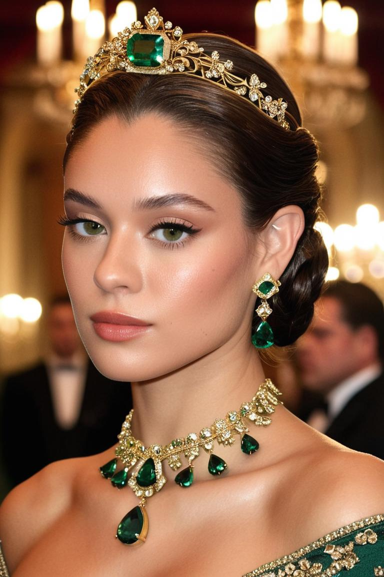 head portrait of young woman in a formal, historical setting. The woman has light skin, hair styled in an elegant updo with a few loose strands framing her face. She wears a regal, green and gold tiara adorned with intricate floral designs and a central green gem. Her expression is serious and contemplative, with her eyes slightly narrowed. 
She is dressed in an off-the-shoulder gown with a high neckline, adorned with a sparkling, green and gold necklace and matching earrings. The necklace features large, emerald-cut gemstones set in intricate, gold settings, and the earrings are similarly adorned. Her makeup is subtle, with a soft blush and a hint of mascara enhancing her natural features.
The background is blurred but suggests an opulent, indoor setting, possibly a ballroom or a grand hall. There are other people in the background, dressed in formal attire, and a few blurred details of chandeliers and ornate decorations hint at the luxurious surroundings. The lighting is warm and soft, enhancing the rich colors and textures of her dress and accessories.
thin face, highly detailed 8 k render with ultra - realistic
35mm photograph
 <lora:Daniela_Mel:.8> <lora:add-detail-xl:1>