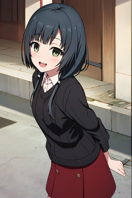 (exceptional, newest, best quality, extremely detailed), 1girl, solo, yasuharaema, smile, blush, looking_at_viewer, black_sweater, red_skirt, outside, open_mouth