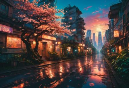 An award-winning photo of a bustling anime cityscape (anime:1.3), bathed in the warm glow of sunset (sunset:1.2). Vibrant, colorful, and full of life, with towering skyscrapers, bustling streets, and futuristic technology. Captured by the renowned anime photographer, Makoto Shinkai (Makoto Shinkai:1.5), using a high-resolution digital camera (digital camera:1.2) and a wide-angle lens (wide-angle lens:1.1). The scene is filled with dynamic characters, each with their own unique style and personality. The city is surrounded by lush greenery, with cherry blossom trees in full bloom (cherry blossom:1.0), adding a touch of natural beauty to the futuristic setting. The lighting is dramatic, casting long shadows and creating a sense of depth and atmosphere. This captivating image is trending on art platforms like ArtStation (ArtStation:1.2), showcasing the incredible talent and creativity of the anime world. aesthetic