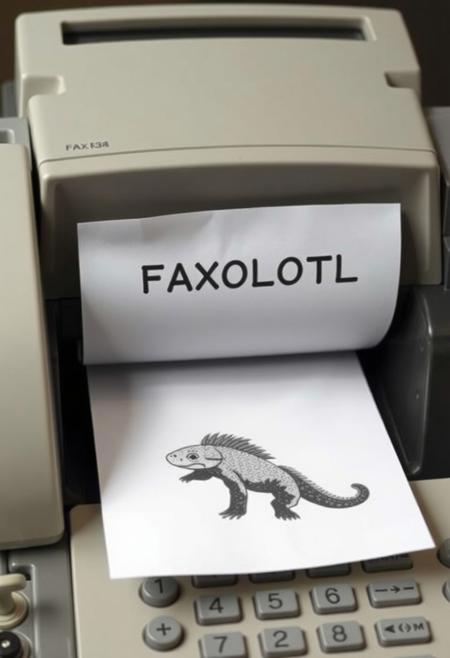 The image is a photograph of a  fax machine printing a paper with a  the text "FAXOLOTL" and a low quality black and white image of an axolotl.