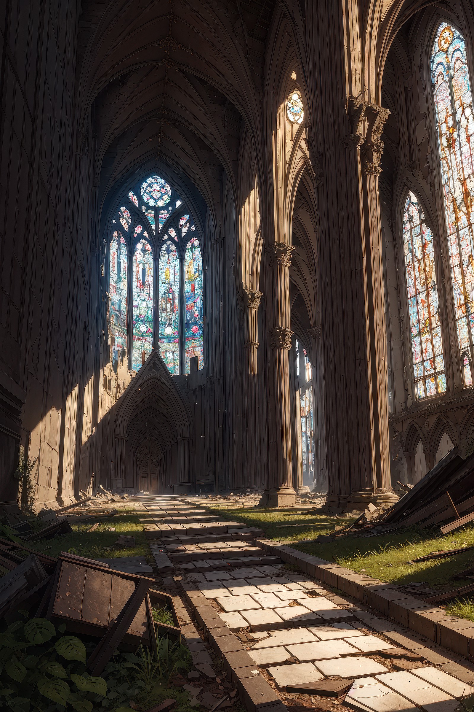Sunny summer day, Post-apocalyptic ruins, A shattered cathedral with overgrown foliage, Sunlight piercing through broken s...
