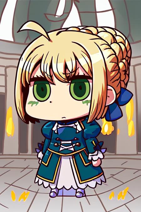 1girl, solo, blonde_hair, long_sleeves, dress, ribbon, green_eyes, hair_ribbon, braid, ahoge, puffy_sleeves, hair_bun, chibi, armor, parody, jitome, april_fools, artoria_pendragon_(fate), riyo_(lyomsnpmp), saber, fate_(series), fate/grand_order,  <lora:April-Fools:1>