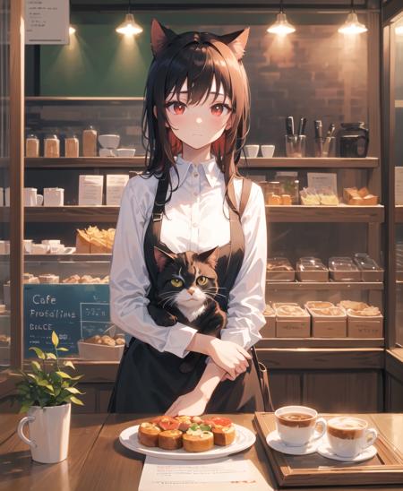 (masterpiece), (best quality), (intricate_details:1.1), (finely detailed:1.4), (distinct_image:1.2), (cafe background), girl, cute, (face focus), shiny red eyes/black hair, cat ears, vine, smooth lighting, shirt, hug,