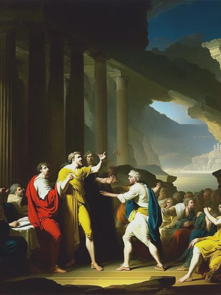 <lyco:JosephWrightOfDerby:1.0> people in shock, crying, with fear in old greece, aristotle period. with two laywers arguing, using Joseph Wright of Derby style