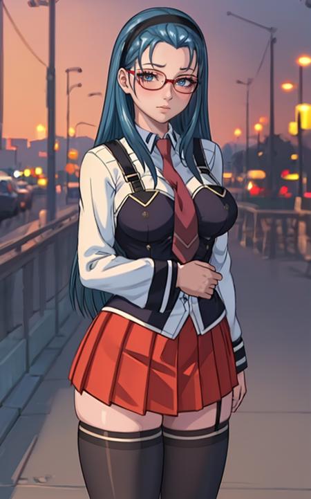 SchoolUniform_JunkoMochida_ownwaifu, night,
1girl, blue hair, long hair, glasses, hairband, large breasts, blue eyes, 
school uniform, red necktie, vest, red skirt, pleated skirt, zettai ryouiki, thighhighs, legs, 
<lora:FAP_BibleBlack_JunkoMochida_ownwaifu:1> ,
((masterpiece)),((best quality)),(highres), bokeh, depth_of_field, spotlight, scenery, looking at viewer, solo, contrapposto, cowboy shot,