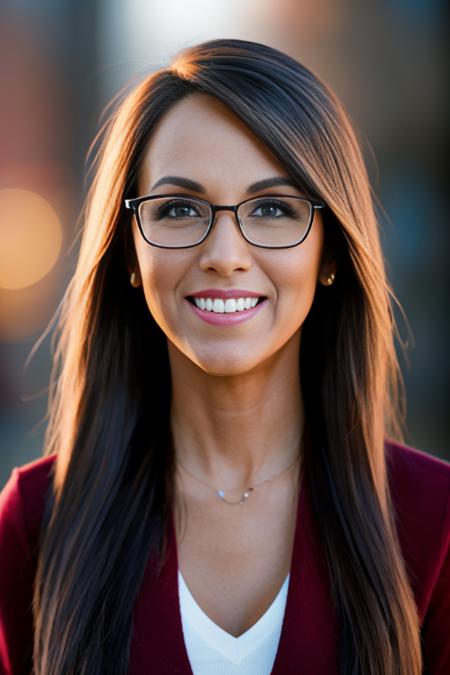 professional photoshoot photograph of b0e83rt with straight hair and wearing glasses, cinematic lighting and makeup