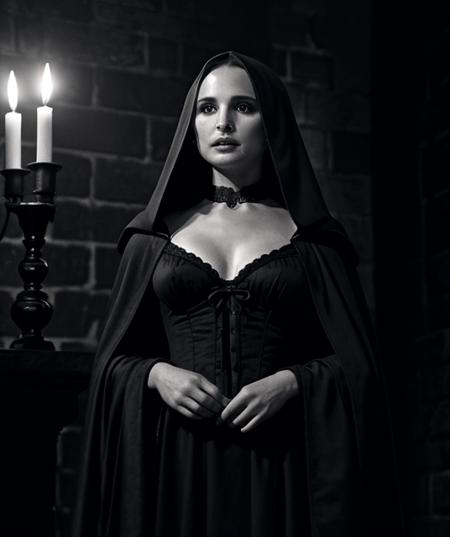 old photo, black and white photo, victorian era,  depth of field, dark, damp dungeon, Natalie Portman wearing  night gown under a cape with hood, looking over her right shoulder at the camera, stern looking, candle light, shadows, eeirie atmosphere, hammer horror style, full body shot <lora:natalie_portman:1>