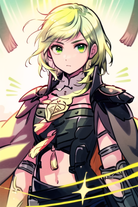 masterpiece, best quality, vibrant colors, fembyleth,(light green hair:1.3), green eyes, detached collar, black cape, black crop top, breastplate, tassel, belt, short shorts, gauntlets, upper body, <lyco:Copy of himaruyahidekaz-10:.5>