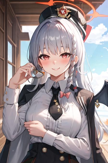 best quality, masterpiece, highres, solo, {haruna_bluearchive:1.15}, red_eyes, halo, braid, smile, wings, bangs, long_hair, grey_hair, blush, breasts, bow, white_hair, hair_bow