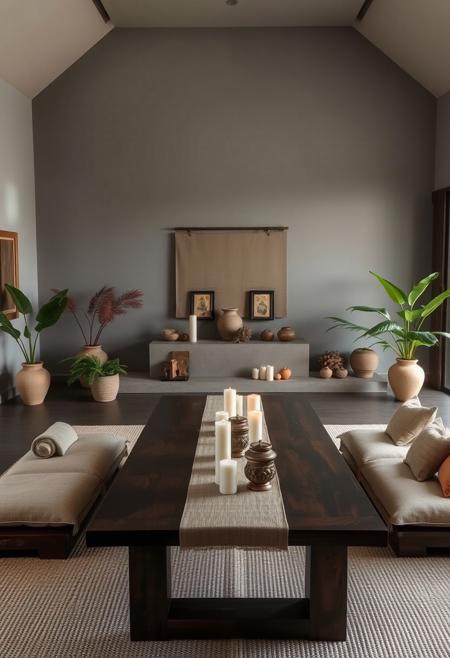 "A tranquil ritual room designed in Wabi Sabi x Tropical Modern style, dedicated to ancestor worship. The walls are painted dusty gray, creating a neutral backdrop for reflection. At the center, a handcrafted taupe altar with subtle imperfections showcases offerings and ancestral tablets, embracing Wabi Sabi’s appreciation for natural beauty.
Behind the altar, a traditional dark wood dining table for 8-12 serves ceremonial gatherings. The table’s natural textures complement the space’s low wooden benches and soft beige cushions, inviting family participation.
Lime green and dark green tropical plants in simple ceramic vases provide vibrant, fresh touches throughout the room. Handwoven textiles in muted earth tones and lime green add warmth and depth, maintaining harmony with Wabi Sabi's simplicity.
Incense burners and white candles on the altar glow softly, while a light beige woven rug adds tactile warmth underfoot. Accents in light salmon, pale cyan, and brick red are tastefully integrated into small decor elements, adding subtle contrast.
Soft ambient lighting from lanterns casts gentle shadows, creating a serene atmosphere. The room seamlessly blends Wabi Sabi’s natural imperfection with Tropical Modern’s vibrant greenery, offering a sacred, inviting space for honoring family traditions."