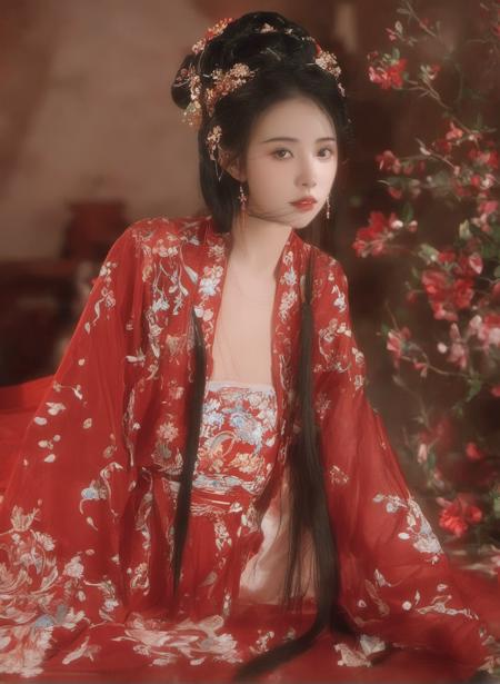 a girl in traditional dress while with a flowered design on it,1girl, solo, long hair, black hair, hair ornament, long sleeves, holding, jewelry, upper body, earrings, hair bun, Chinese clothes, red dress, realistic， looking at viewer, in the bedroom，(xiaoyun)