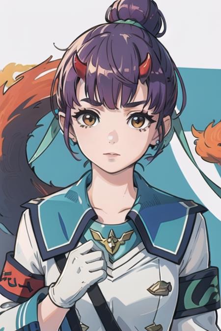 <lora:Fiona_xenoblade_3:0.8> Fiona \(xenoblade\), 1girl, bangs, brown_eyes, eyebrows_visible_through_hair, purple hair, red horns, oni horns, hair bun, blue hair ribbon, jacket, sailor uniform, white  gloves, long_sleeves, armband, mitsudomoe(shape), waist shot,, best quality, highly detailed, masterpiece, ( bad_prompt_version2:0.6), best quality, highres, 4k, ultra-detailed, beautiful detailed face, beautiful detailed eyes