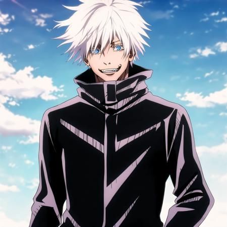 1 boy, tall, blue eyes, white hair, black hoodie, smirking, teeth visible, cowboy shot <lora:Gojo-000176:1>