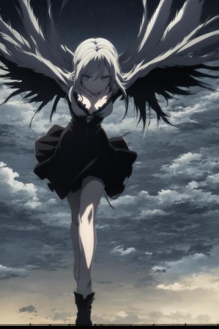 night shot of anime screencap, 1girl, flying. Dark, lit, moody, mysterious