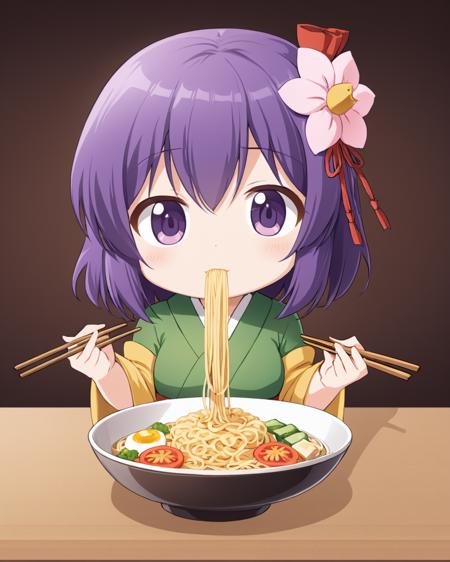 hieda no akyuu,1girl, solo, chopsticks, noodles, chibi, eating, hair_flower, bowl, kimono
<lora:hieda_no_akyuu_image926_2023-12-20:1>,star-shaped_pupils,symbol-shaped_pupils,. gorgeous,key visual, vibrant, studio anime,award-winning, professional, highly detailed,high budget, cinemascope