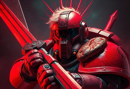 A Morphtronic Boomboxen wielding the Sword of Soul, paired with a captivating art portrait of a space marine, adorned with vivid godrays, gaining traction on Pinterest. This bright design, with its striking red hue, features a blond male and a grotesque, sentient meatloaf. The opaque visor, a nod to Warhammer 40K, exudes an ominous aura, while the detailed facial features, clothing, and harmonious colors create a striking masterpiece. Boosted by the power of Unreal Engine 5, Octane Render, and the Raphael style, this artwork conveys vivid emotions, a joyful impact, and a powerful message. All eyes are on this trending artwork on Artstation and CGSociety, with its smooth gradients, high contrast, and cinematic lighting. Available in 8K and HD resolution for a mesmerizing viewing experience.