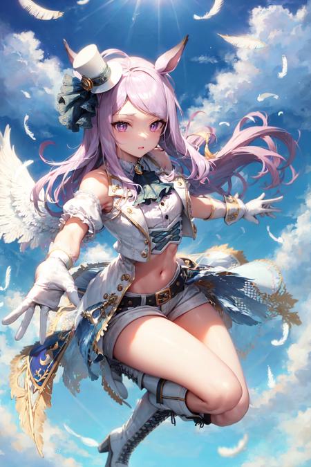 masterpiece, best quality,
mejiro mcqueen \(umamusume\),
full body, feathered wings, feathers, flying, sky, sunlight, cloud, reaching out,
official alternate costume, mini top hat, mini hat, white headwear, braid, ascot, clothing cutout, shoulder cutout, short sleeves, white gloves, cropped jacket, white jacket, belt, navel, midriff, short shorts, white shorts, white footwear, knee boots, lace-up boots, cross-laced footwear
<lora:mejiro_mcqueen_locon:0.6>