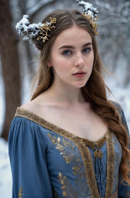 18 yo english girl,Focusing,breathtaking,nature,dgtlv2,8k,(wintertime:1.2),(snow:1.2),A forest of tall oak trees covered with snow,streams,Frozen stream,representational,fashion editorial,full body,looking at viewer,depth of field,(Grey blue gold Viking dress:1.2),(Victorian age),<lora:add-detail-xl:0.7>,