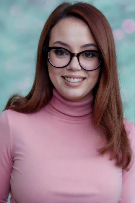 Photo of beautiful j3ssc4r0l1n3 woman, detailed face, (blurred background)+, pink turtleneck blouse, analog film grain, smile, makeup+, glasses