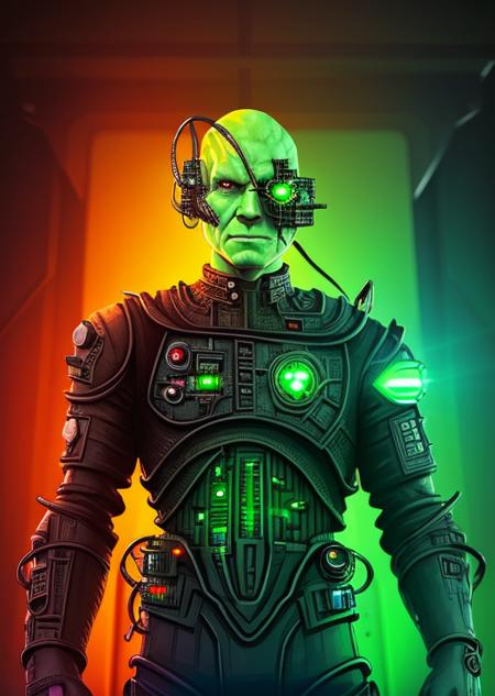 trekborg, a borg man standing against a sc-fi wall, weapon in one hand, glowing wall with green circuitry, close-up