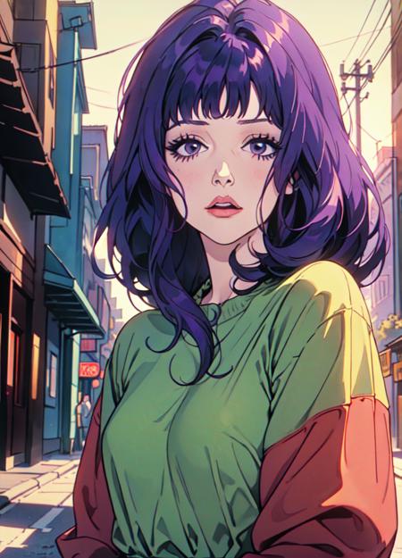 <lora:belladonnasized:0.6> 1girl, jeannabelladonna, solo, bangs, purple hair, street, portrait, (masterpiece, best quality:1.2), award winning, masterpiece, vibrant, volumetric lighting