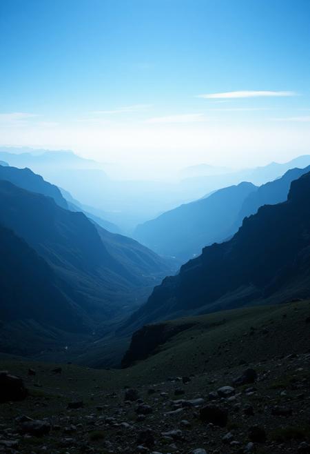 Immerse in a breathtakingly beautiful landscape: a vibrant blue-hued horizon stretches across the frame, fading into an atmospheric haze. Unusual dark colors, such as deep indigo and rich charcoal, punctuate the scene with dramatic flair. Cinematic lighting casts long shadows, emphasizing the fine details of the terrain. Film grain adds texture to the image, while superb composition guides the viewer's eye through the masterpiece. Maximum detail is achieved in every element, from the rugged terrain to the wispy clouds, creating an unparalleled level of visual mastery.