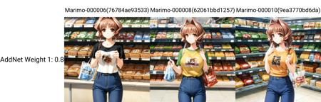 solo, Jinguuji Marimo, brown hair, brown eyes, t-shirt, looking at viewer, supermarket, shopping, groceries, holding shopping bag, jeans, denim