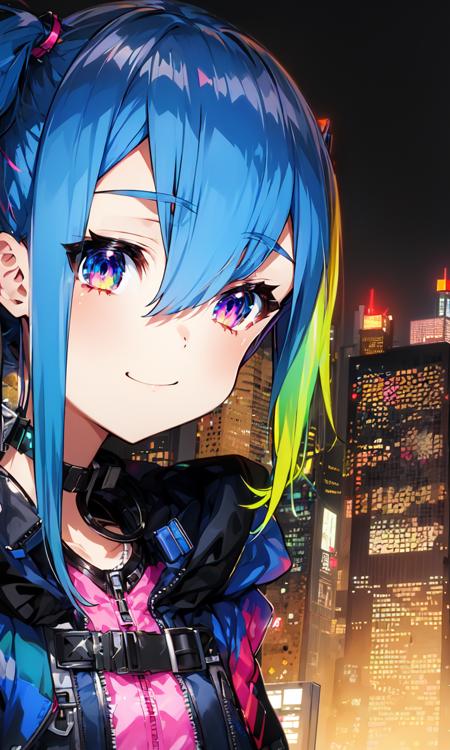 denonbu art style, neon lights, cyberpunk, LED,  cityscape, cinematic angle, synthwave,
1girl, solo, multicolored hair, gradient hair, blue hair, cool, sexy, detailed eyes, low twintails, innocent, light smile, hoodie, hood down, coat, open clothes, close-up