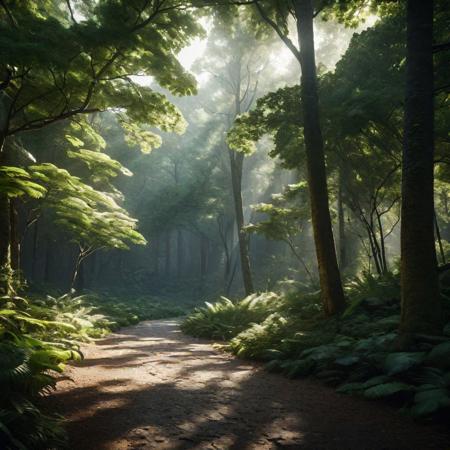 An immersive forest scene where advanced lighting techniques like HDR and ray tracing reveal intricate details and textures, focusing on a person in a sports bra with a striking Javanese appearance. The use of Unreal 5 technology, subsurface scattering, and PBR textures accentuates the realism and depth, while cinematic lighting and a large aperture create a soft, yet detailed visual. The composition benefits from hyper-resolution, showcasing a layered texture and nuanced skin tones under a canopy of trees, with sunlight filtering through in beams, creating a dynamic interplay of light and shadow. The scene adheres to the rule of thirds, with a focus on achieving an award-winning visual masterpiece through octane rendering and accurate simulation of light-material interactions. Created Using: immersive forest, advanced lighting, realistic textures, cinematic quality, hyper-resolution, rule of thirds, visual masterpiece, octane rendering
