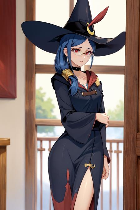 Masterpiece, absurdres, best quality, standing, <lora:Ursula_Callistis:1>, urca, robe, long dress, side ponytail, witch hat, choker, glasses, red eyes