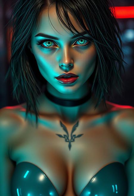 A captivating, photorealistic 30-year-old cyberpunk seductress, her gaze intense and alluring, enhanced by elegant, emerald ocular implants that shift with passion. Her hair, a cascade of bioluminescent strands, is styled in a wet, disheveled bob, framing her face in a sensual manner. Her flawless, porcelain skin, subtly enhanced by bioluminescent dermal implants, shimmers with an ethereal glow. Intricate bioluminescent tattoos, accentuating her curves and hinting at hidden desires, trace the contours of her body. Her makeup, a blend of organic and digital enhancements, is both striking and ethereal: smoky, iridescent eyeshadow, bioluminescent lip gloss, and perfectly arched brows, enhanced by micro-needling technology. Clad in a skin-tight, body-hugging suit, its surface shimmering with subtle holographic patterns, she exudes an air of confidence and danger, a true femme fatale of the future. The image is captured with a cinematic depth of field, the background blurred into a soft, neon haze, drawing the viewer's attention to her alluring form. A subtle smile plays on her lips, hinting at the seductive power she wields.