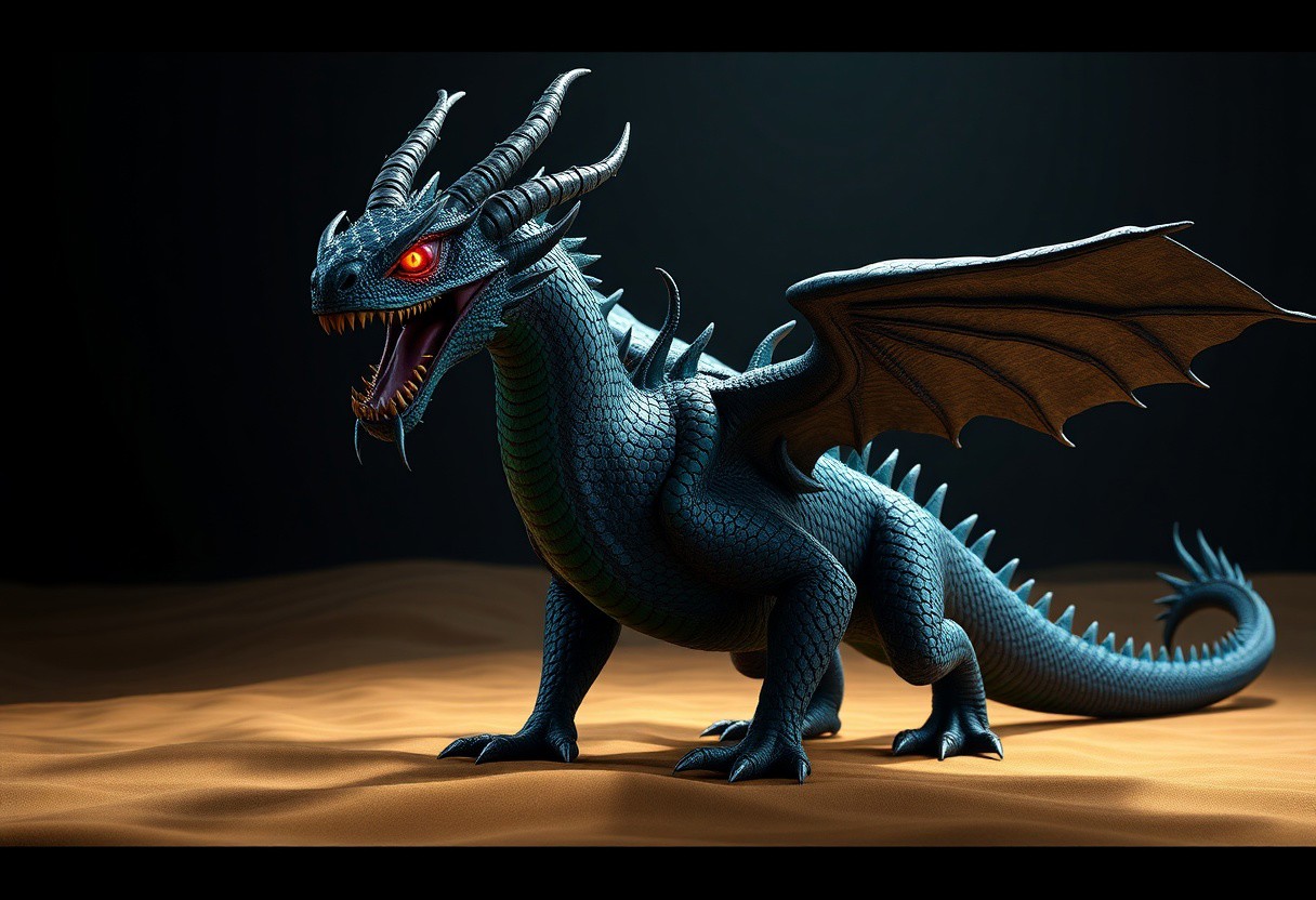 Central Blue Rose Dragon, dynamic stance on sand. Deep black body, intricate green scales. Fierce head, large horns, vibrant red glowing eyes. Mouth wide, mid-roar, tongue out. Ojama Country backdrop contrast. Cinematic lighting, intense focus, concept art. Rendered in Unreal Engine 5, Octane, CGSociety, trending on Artstation, 4K, highly detailed.
