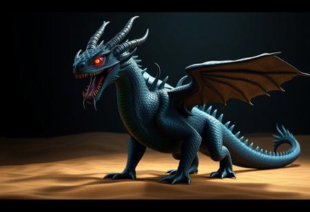 Central Blue Rose Dragon, dynamic stance on sand. Deep black body, intricate green scales. Fierce head, large horns, vibrant red glowing eyes. Mouth wide, mid-roar, tongue out. Ojama Country backdrop contrast. Cinematic lighting, intense focus, concept art. Rendered in Unreal Engine 5, Octane, CGSociety, trending on Artstation, 4K, highly detailed.