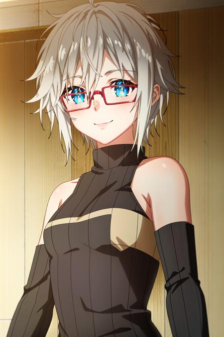 (extremely detailed CG unity 4k wallpaper),(masterpiece),(best quality),(ultra-detailed),(best illustration),(best shadow),(absurdres),(detailed background) <lora:OGT_Nia_Honjo-v1:1> Nia Honjo, 1girl, solo, glasses, sweater, black sweater, short hair, grey hair, red-framed eyewear, upper body, blue eyes, sleeveless, sleeveless turtleneck, ribbed sweater, closed mouth, turtleneck sweater, hair between eyes, bangs, smile