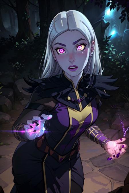 (Claudia), black dress, long hair, black fingernails, (casting purple magic), purple magic surrounding her, magic, casting a spell, (purple glowing eyes, hair half white:1.5), (realistic:1.2), (masterpiece:1.2), (full-body-shot:1),(Cowboy-shot:1.2), dark romantic lighting, (highly detailed:1.2), (detailed face:1.2), (gradients), colorful, detailed eyes, (natural lighting:1.2), solo, <lora:add_detail:0.3> <lora:DragonPrinceClaudia-10:0.8> <lora:BeautifulEyes:0.3>