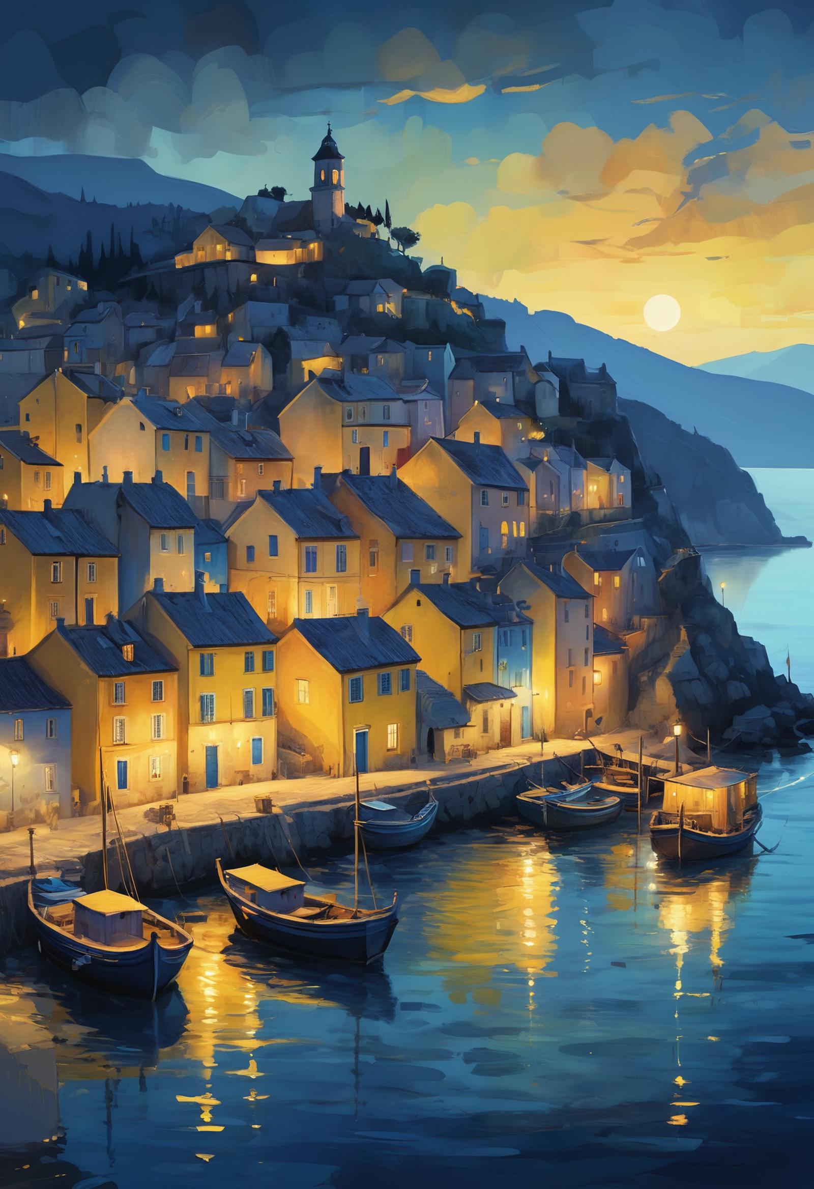 A picturesque waterfront village with boats and houses at sunset.