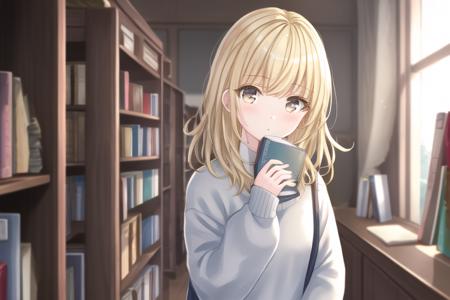 masterpiece, best quality, 1girl, portrait, standing, blunt bangs, medium hair, , blonde hair, sweater, fluffy, indoors, bookshelf, book, scroll, , <lora:kinugamini32:0.9>