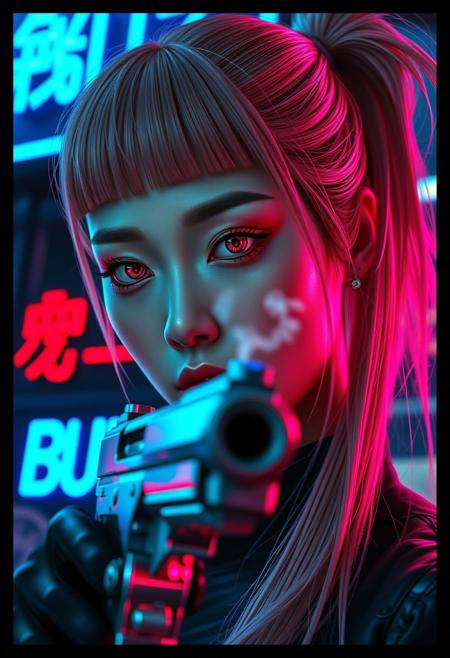Photorealistic vertical movie poster of a tall, slender Japanese cyberpunk assassin. Extreme close-up portrait, her face fills most of the frame. She has long blush pink hair in a high ponytail, with brushed bangs and loose strands framing her face. Her expression is cold and controlled.
Her cybernetic eyes glow faint pink with intricate tech circuitry visible in the irises. She wears bold, sharp red Asian-style eyeshadow. At the bottom edge of the frame, the silver barrel of a futuristic pistol is visible, slightly out of focus and pointed at the viewer. A delicate plume of smoke rises from the barrel, drifting across her porcelain face.
Lighting is dramatic and cinematic — a neon-noir palette of deep shadows with vibrant pink, blue, and purple rim lights. Her chrome cybernetic hand is just out of frame.
In the blurred background: a blue neon sign reading ‘BUZZ’, with red Japanese katakana beneath it.
The poster has a framed black border. At the top, bold stylized title text:
BUZZ KILLER — glowing neon-style font
Below it, in smaller red type:
The Sakura Killer.”
	Style Tags: photorealistic, cyberpunk, movie poster, neon noir, futuristic assassin, glowing eyes, cinematic lighting,
Camera Framing: Close-up portrait, vertical orientation, 
Lighting: Pink/purple neon bounce, deep shadows, realistic glow effects