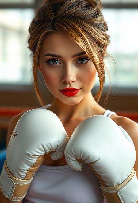 Upper body ,1girl ,beautiful 20 yo girl,blonde hair, bun_hair, straight short hair ,((Best quality, 8k, 32k, masterpiece,RAW photo, (realistic, photo-realistic:1.3),best quality,highly detailed,masterpiece,ultra-detailed)), (eyeliner, eyeshadow, red lipstick), (glossy lips), 20 years old, olympic symbol, brown hair, mature European girl, ((Studio Ghibli)), ((wearing white amatuer boxing sport attire,15 oz boxing gloves )), innocent, determined,blurry background,smile,,(oil shiny skin:0.5), ((big_boobs)), willowy, chiseled, (hunky:1.6),hourglass's body,(perfect anatomy, prefect hand,), 9 head body lenth, dynamic sexy pose, (artistic pose of awoman),((upper body ,from above:1.2)),More Detail