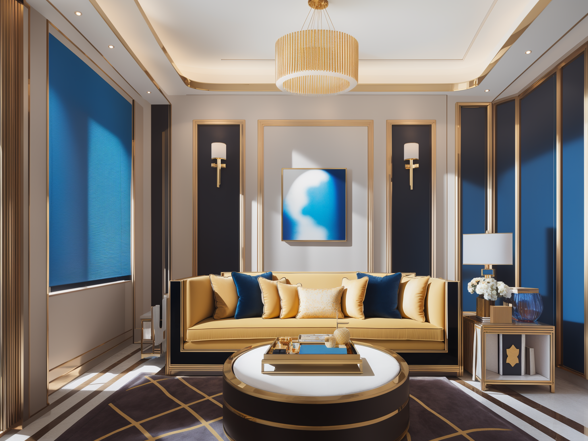 <lora:JJsEuropeanStyle:1> ,ultra realistic, masterpiece, best quality, super detailed, ultra high res, raw photo, 8k,
a modern livingroom, (fabric sofa), (fabric pillow), stone opaque resin panel, brown and white, luxury, in the style of enchanting lighting, light gold and light black, li shuxing, traditional-modern fusion, soft atmospheric light, hard-edged lines, (window), fabric window blinds, blue sky, 1 black TV,