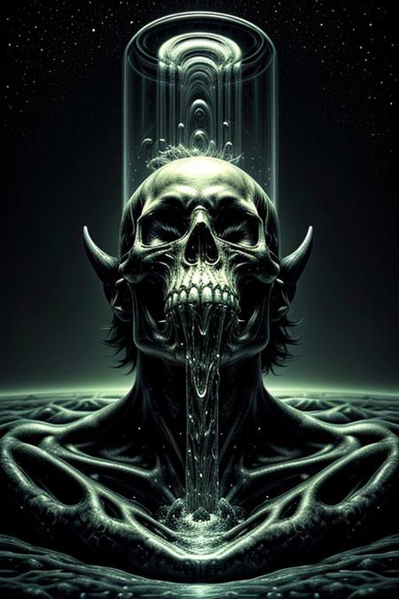 A close-up photorealistic image of a crystal-like floating skull facing dynamic view with its mouth open, pouring from it's mouth a shimmering liquid resembling the universe onto the ground, filled with rich stars and swirling galaxies. A simple void background enhances the dark atmosphere, shrouded in fog, capturing the hypnotic flow and shimmer of the cosmic liquid, evil demon, horns,