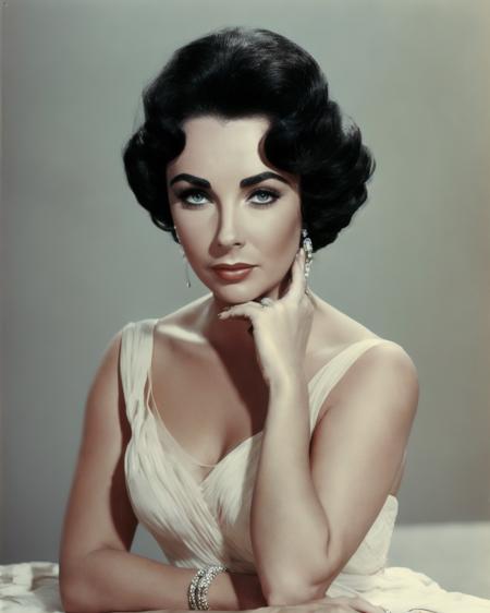 elizabethtaylor <lora:elizabethtaylor:0.5>, Best quality, masterpiece, ultra high res, (photorealistic:1.4), 1girl, a woman in a dress posing for a picture with her hand on her chin