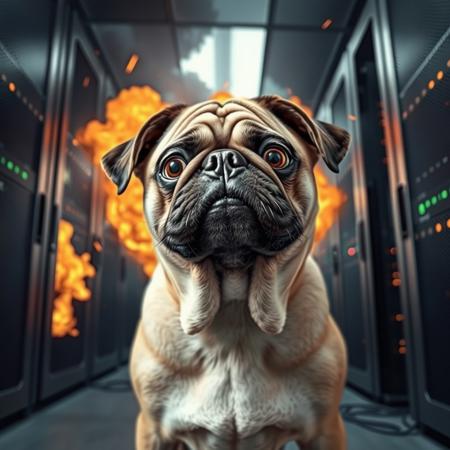 Funny Dog Eye Understanding Photo, 1 Dog, Pug, Frustrated, Trying to Fix Burning and Exploding Server Room