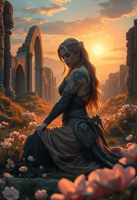 A mystical warrior with a tattooed serpent winding down her arm kneels among blooming ruins at sunrise, elaborate fantasy photography meets sensual sword-and-sorcery illustration, rich costume design, dreamlike storytelling, mystical femininity, ornate theatrical staging, magical realism, strong female protagonists, mythic landscapes, glowing natural light, sensual fantasy elegance, bold linework, intricate armor and flowing fabrics, ethereal color palettes, lush surreal environments, narrative costume fantasy, high-fantasy enchantment with erotic undertones, visual mythology in motion