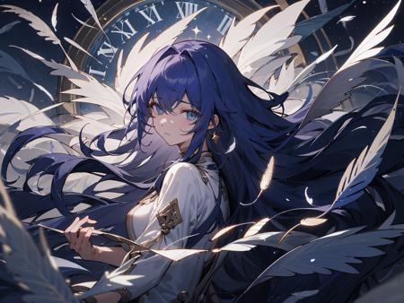 8k Wallpaper,grand,(((masterpiece))), (((best quality))), ((ultra-detailed)), (illustration),dynamic angle, 1girl,moqingxian,flower,expressionless,beautiful detailed sky, a lot of glowing particles,  feather, Galaxy, dramatic angle,looking_at_viewer,  [[[starry sky]]], {{dusk_sky}}, {{Floating light spot}}, {{Lots of feathers}},[((crystal)) :dragon:0.8],((break out)),(floating water:1.2),clock,
 <lora:moqingxian-000016:1>,Starry sky adorns hair, depthoffield