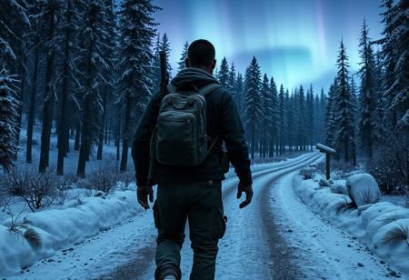 Male DayZ Survivor with a rifle on back walking down a dirt road in a snowy forest with aurora in the sky