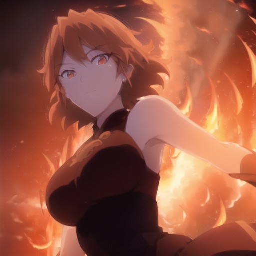 woman,<lora:lina:1>, lina, short hair, flying over city, fire, red glow